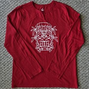 Red Long-Sleeve Tee with White Tiki Graphic